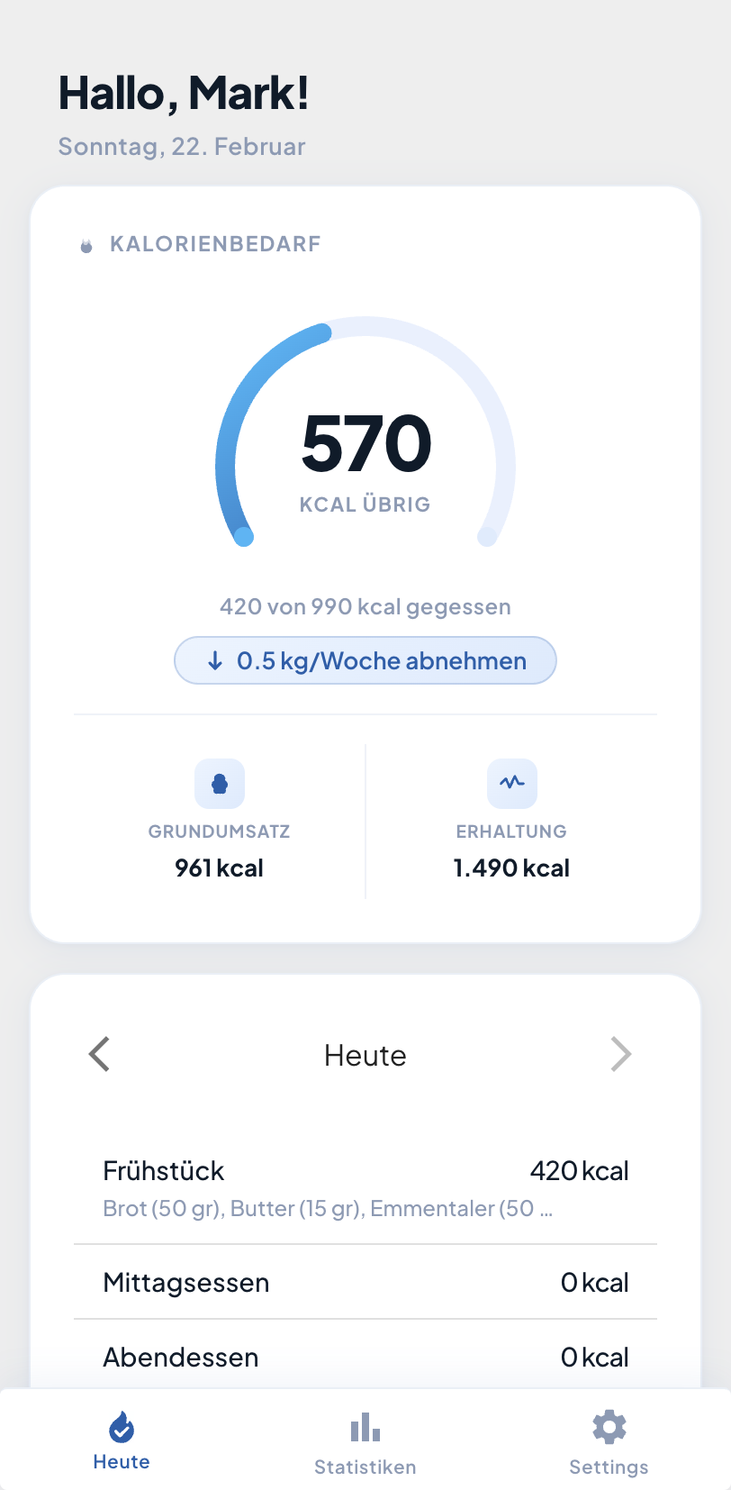 GoalFuel App Dashboard mit Kalorienring: 1.810 kcal übrig, Ziel 2.230 kcal, Grundumsatz und Erhaltungskalorien