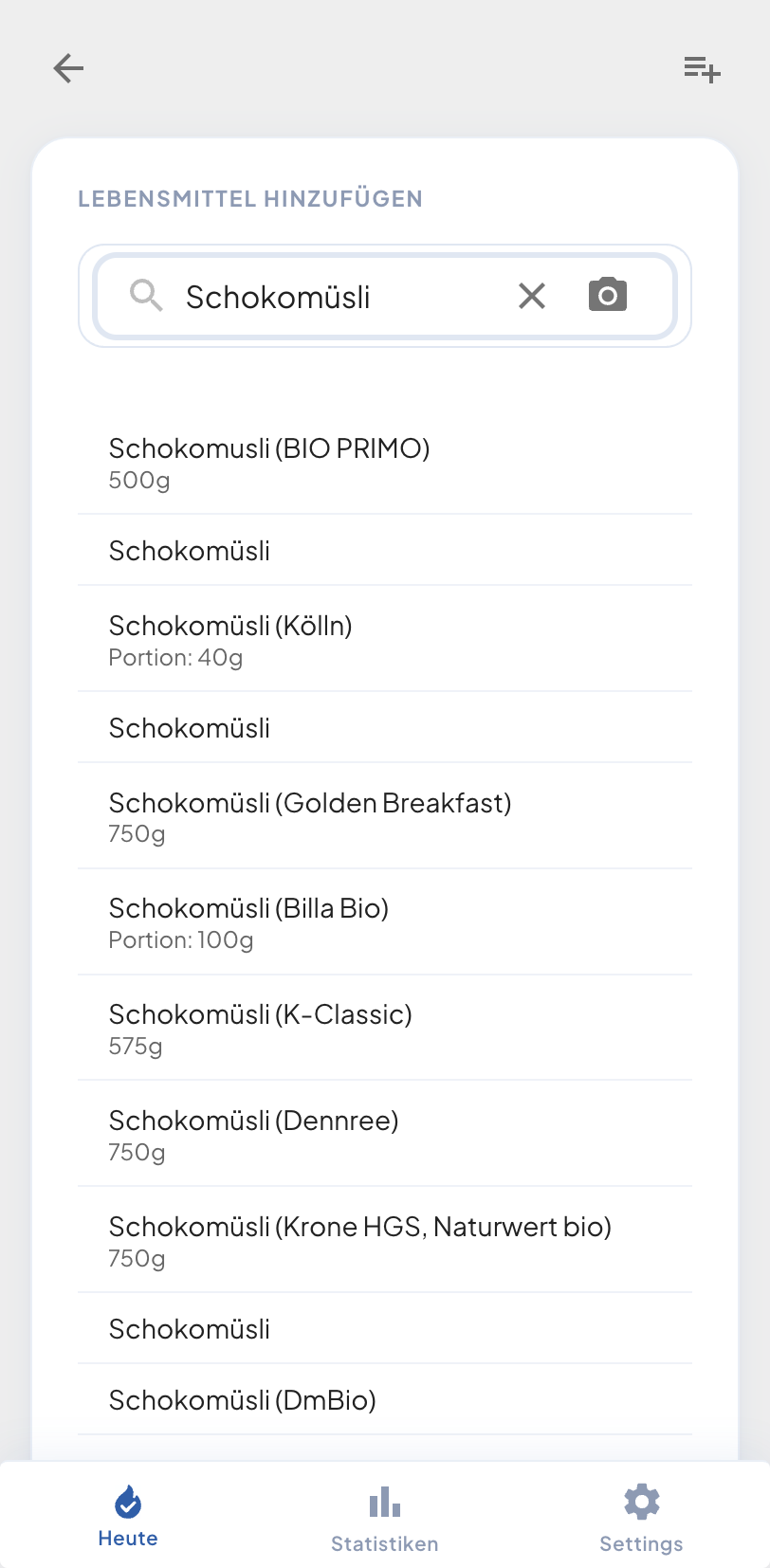 GoalFuel Lebensmittelsuche: Sucheingabe "Schokomüsli" mit Suchergebnisliste verschiedener Marken